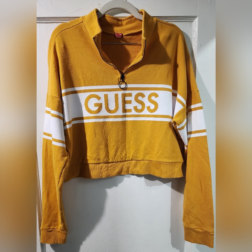 Guess Mustard Yellow & White Cropped Quarter-Zip Pullover size:L